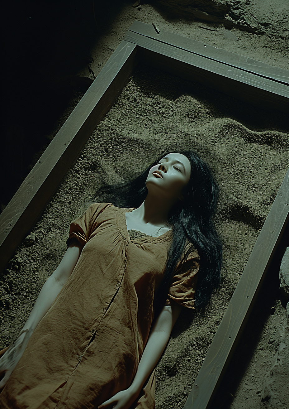 Descubre el misterio detrás de esta cautivadora imagen de una mujer serena yacendo en la arena, rodeada por la sombría penumbra, perfecta para amantes del arte conceptual con un toque de intriga.