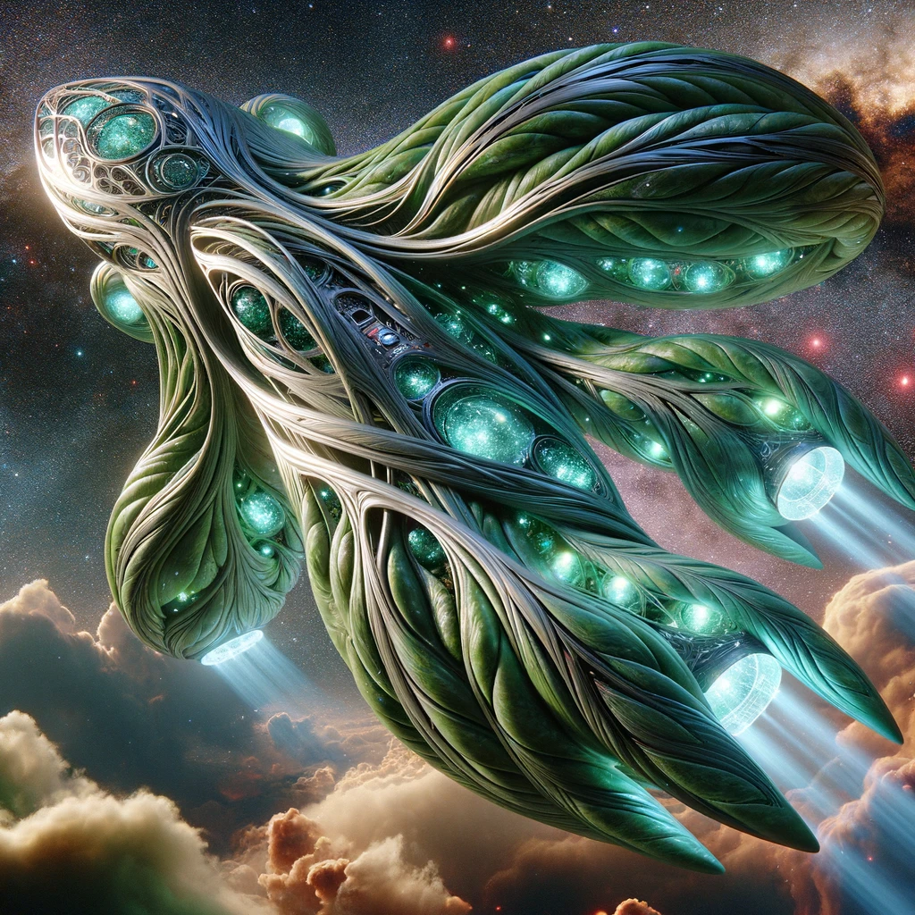 Descubre una fusión de tecnología y naturaleza con esta espectacular nave espacial orgánica. Las estructuras parecidas a hojas y las luces vibrantes te transportarán a una odisea cósmica sin igual.