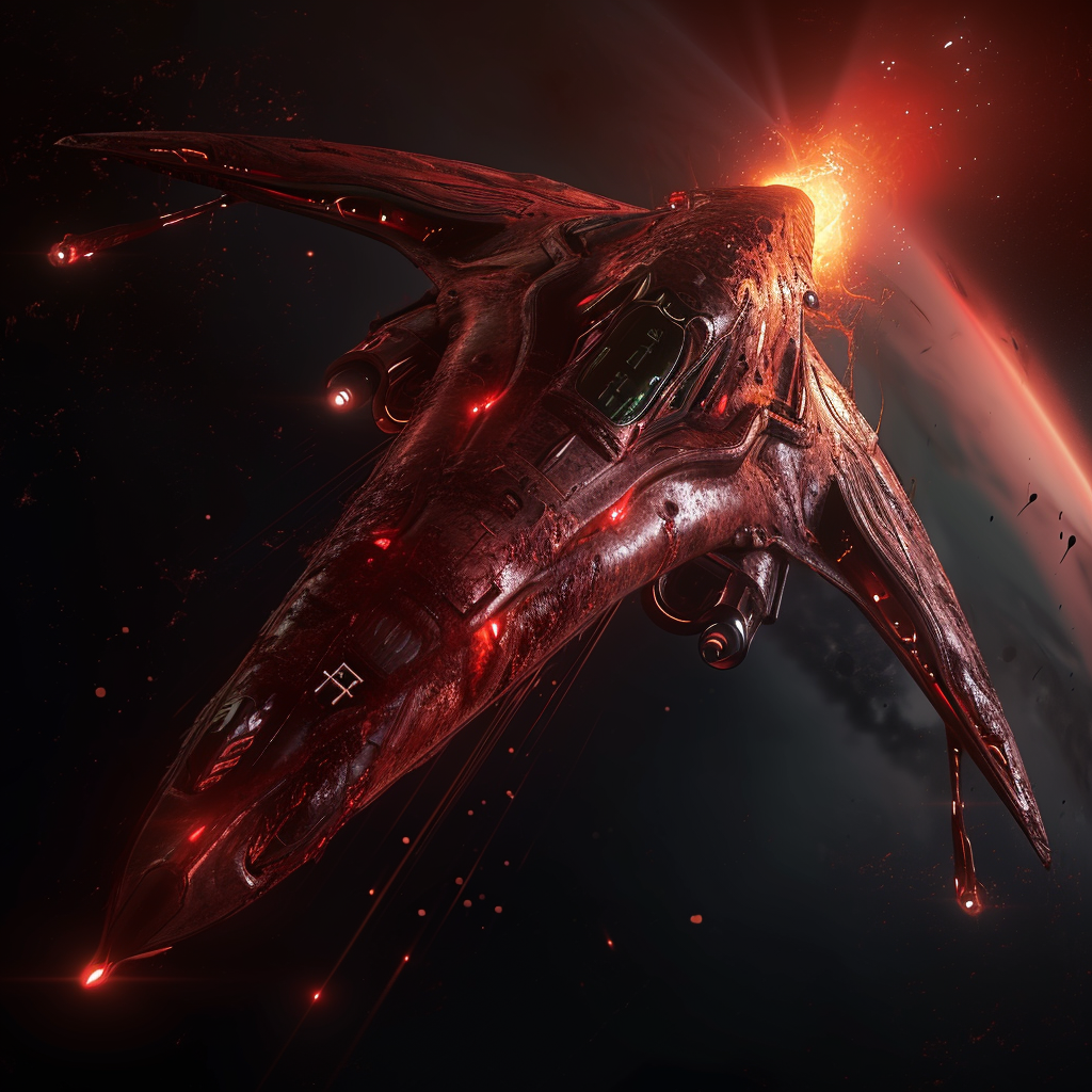 Explora esta impactante imagen de una nave espacial orgánica futurista, resplandeciendo en rojo contra el oscuro vacío del espacio. Su diseño único y detallado captura la imaginación, perfecta para amantes de la ciencia ficción y la tecnología avanzada.