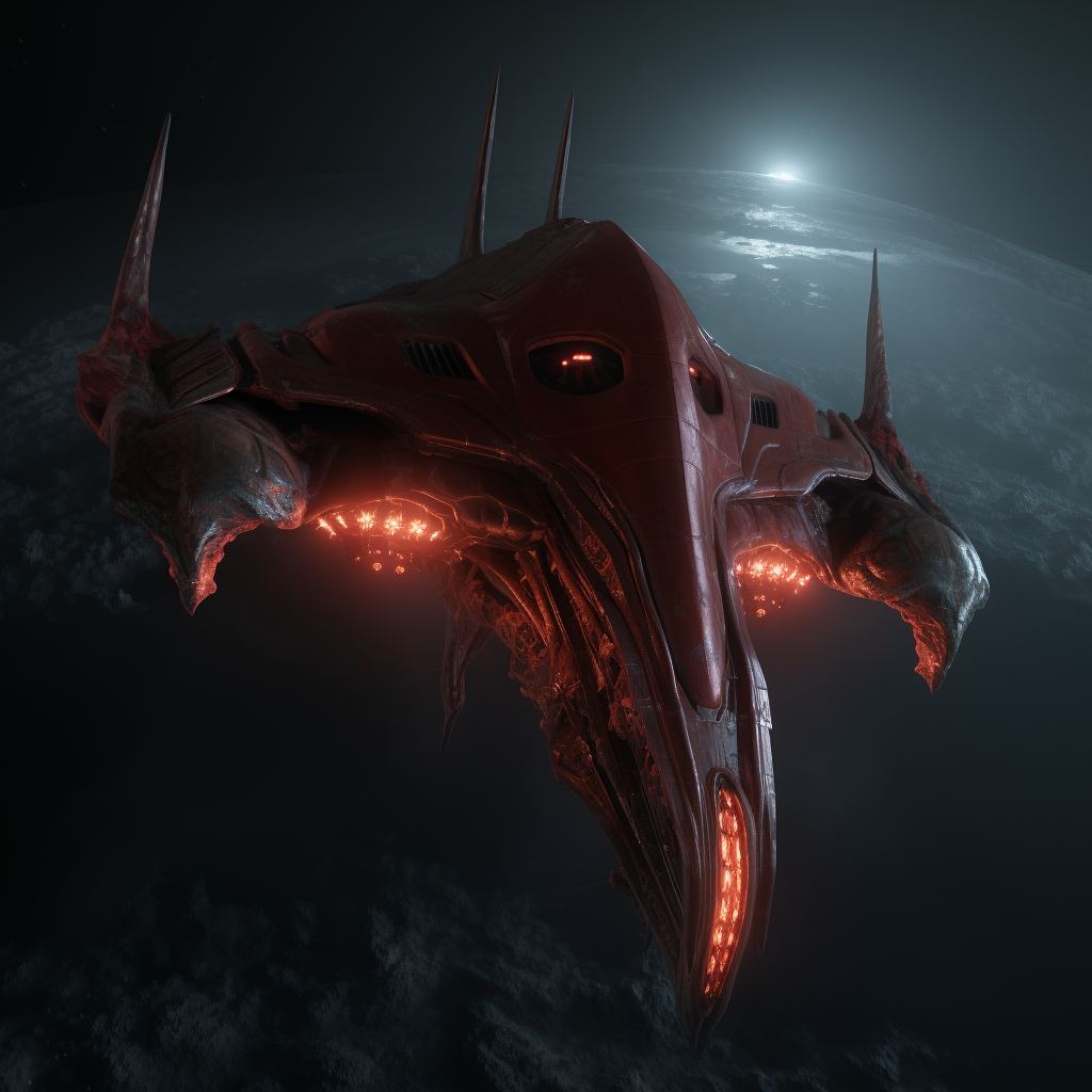 Descubre la majestuosidad de una nave espacial orgánica que sobrevuela la Tierra, iluminada con detalles en rojo vibrante. Su diseño único, que combina elementos futuristas y toques naturales, te transportará a un mundo de ciencia ficción espectacular.