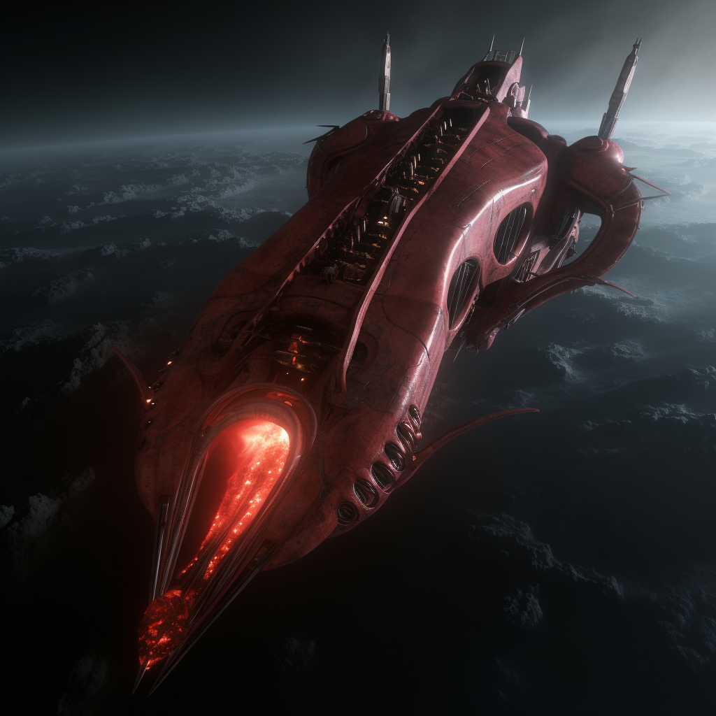 Descubre una asombrosa nave espacial de diseño orgánico y tonalidades siniestras, sobrevolando un planeta envuelto en nubes. Con su iluminación roja intensa y estructura imponente, esta nave evoca una presencia alienígena y misteriosa, perfecta para aficionados al sci-fi.