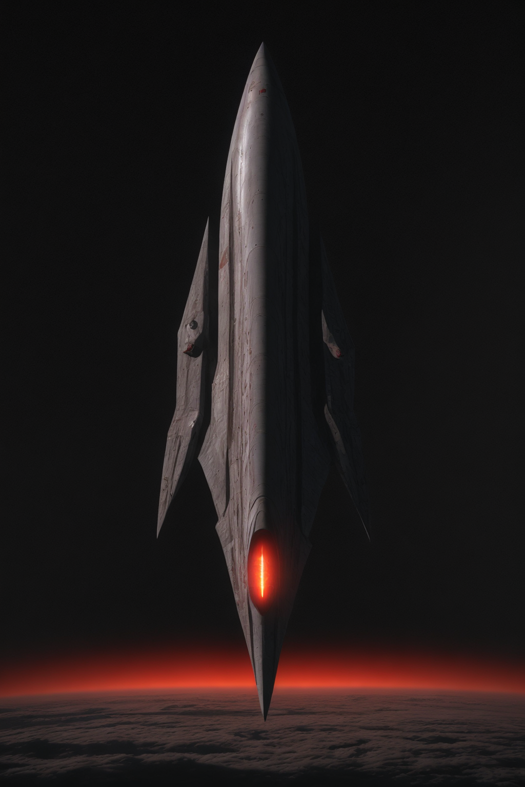 Explora el misterio del espacio con esta impresionante imagen de una nave espacial siniestra surcando el cielo nocturno, iluminada por un fulgor rojizo. Perfecta para amantes de la ciencia ficción y la exploración espacial.