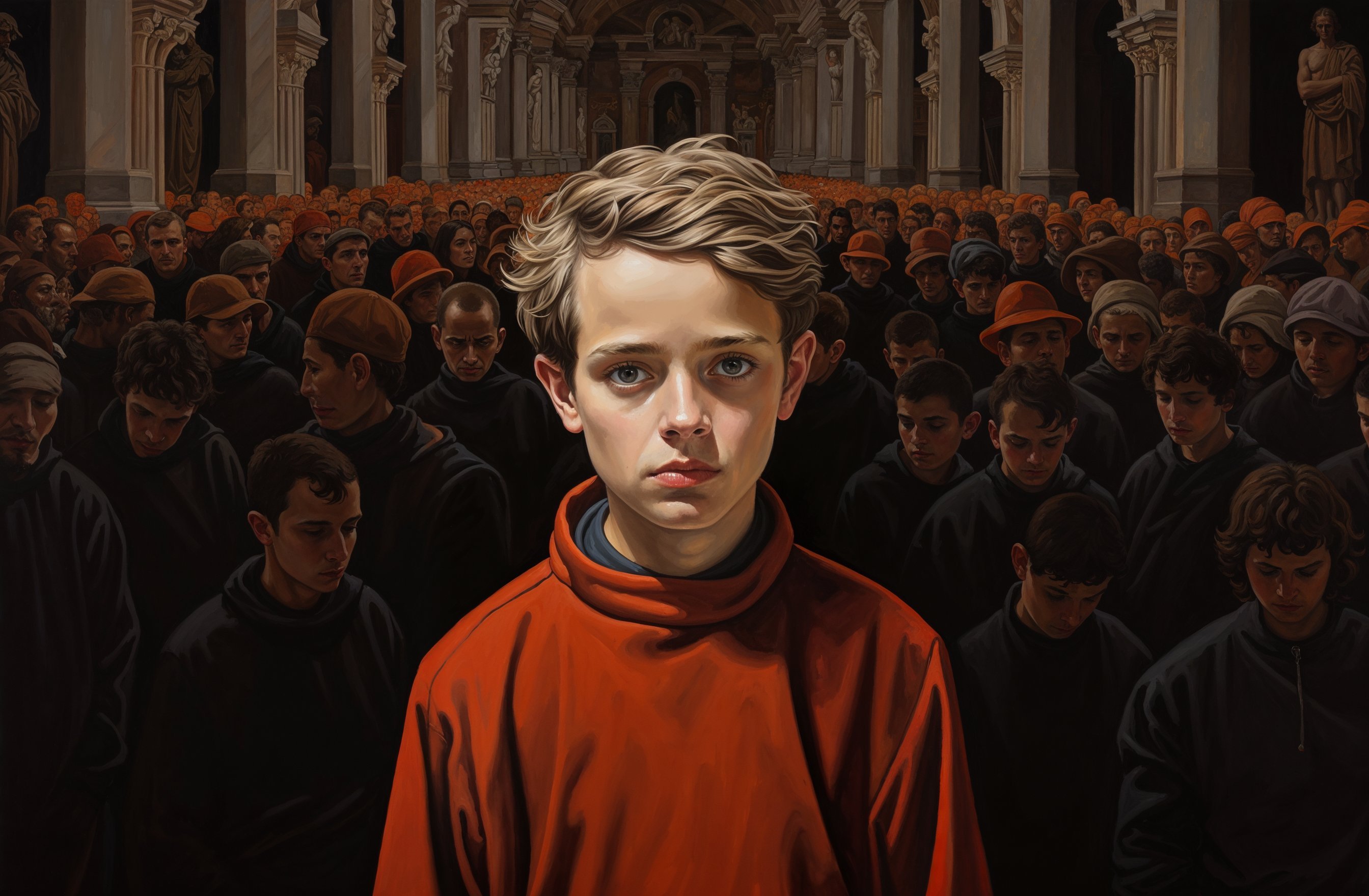 El espectador se encuentra con una escena que transmite una poderosa sensación de singularidad en medio de la uniformidad. Un joven niño, con un aura de vulnerabilidad y gravedad, resalta en un mar de figuras que parecen fundirse en la monotonía.