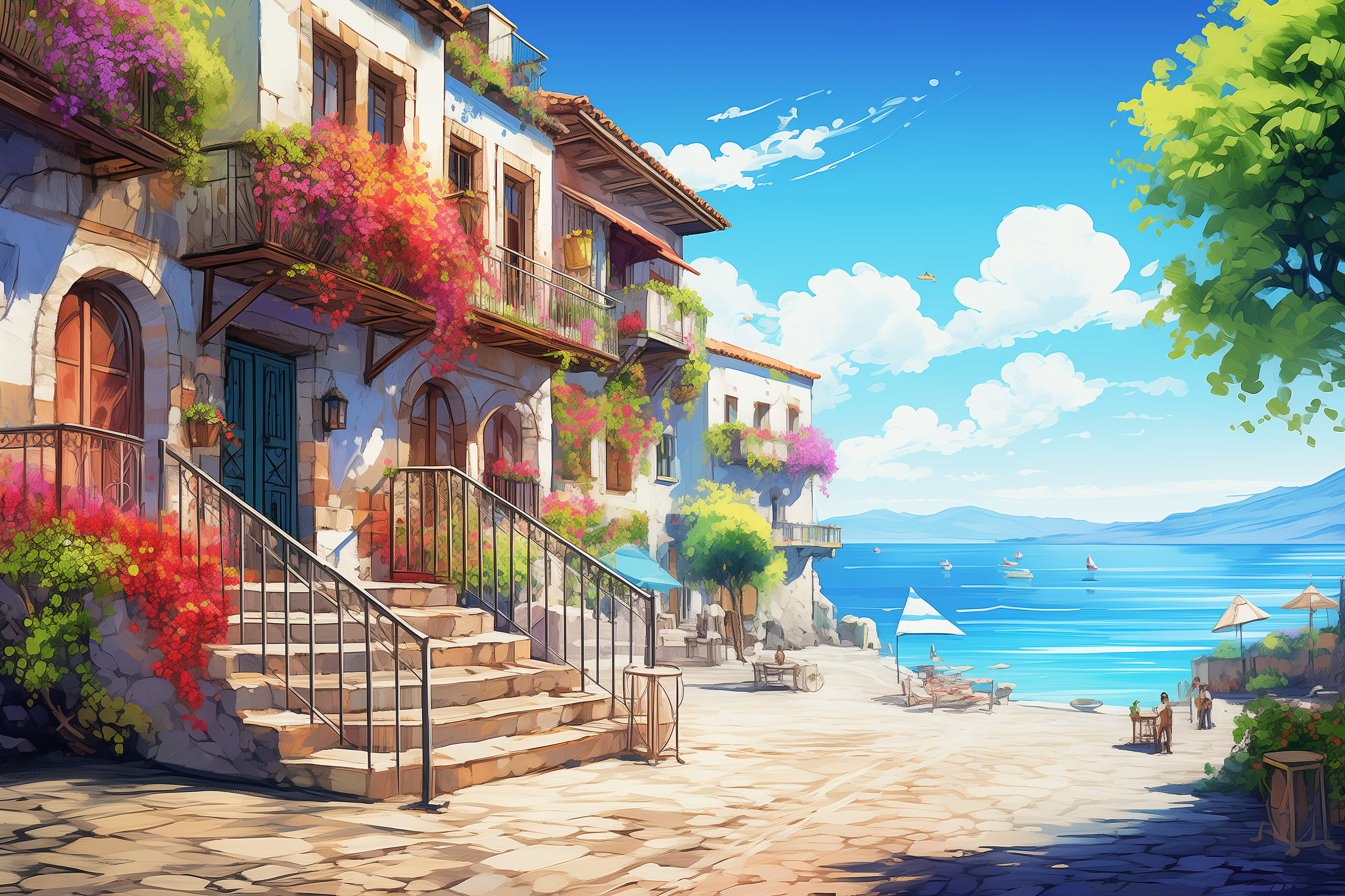 Descubre la belleza serena de este pintoresco paisaje marítimo. Con sus vibrantes casas florecidas y la vista tranquila del mar, esta imagen captura la esencia del verano mediterráneo perfecto para tu próxima escapada o fondo de pantalla.