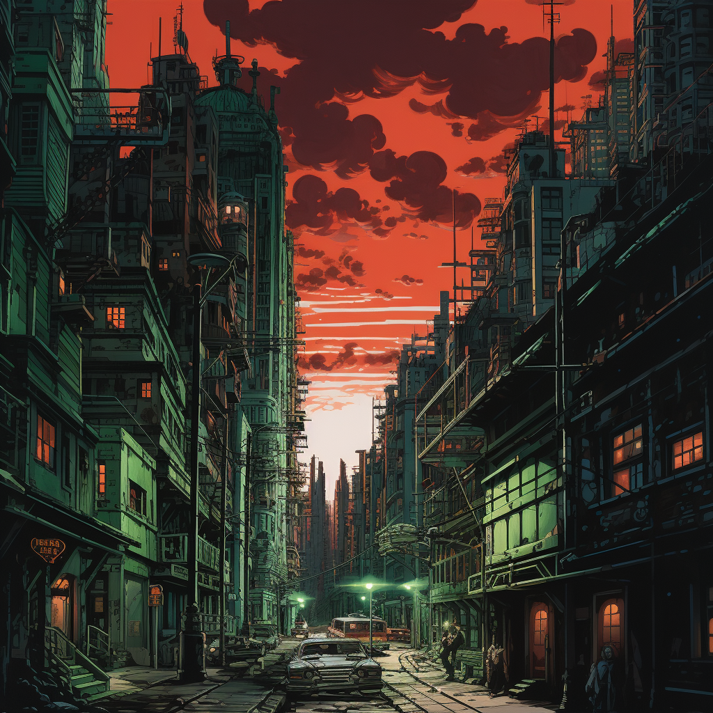Explora un paisaje urbano neo-noir con vibrantes cielos rojizos, arquitectura densa y un toque de misterio en cada esquina. Una imagen perfecta para soñadores de ciudades futuristas y amantes del arte visual detallado.