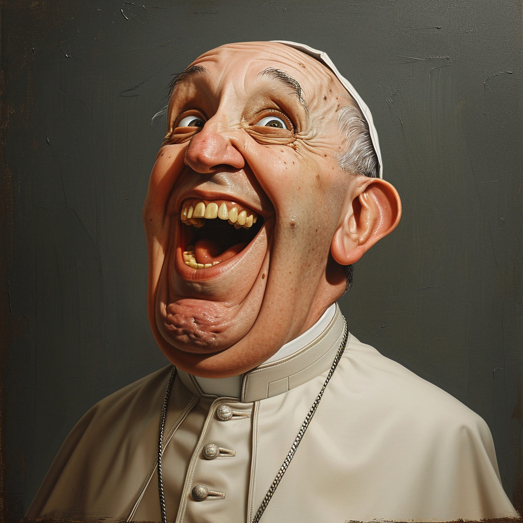 Descubre esta impresionante y humorística caricatura que captura una expresión exagerada y jubilosa, perfecta para alegrar tu día y compartir un momento de risa. ¡Visita para más arte caricaturesco!