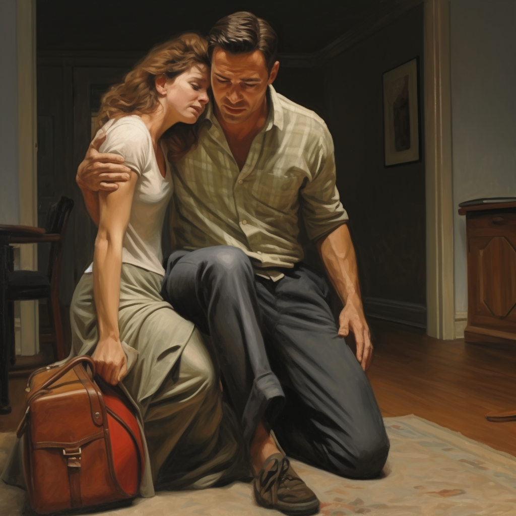 Imagen que captura un momento íntimo de consuelo y angustia. En ella, vemos a una pareja en un entorno doméstico, abrazándose en busca de apoyo mutuo.