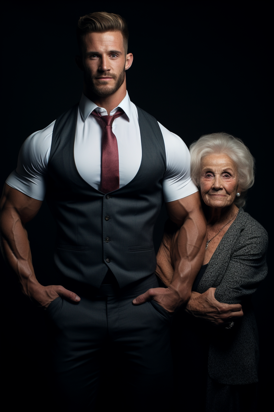 Descubre la impresionante dualidad entre fuerza y ternura en esta conmovedora imagen de un hombre musculoso junto a una dulce anciana. Esta poderosa fotografía captura el vínculo intergeneracional y el orgullo compartido.