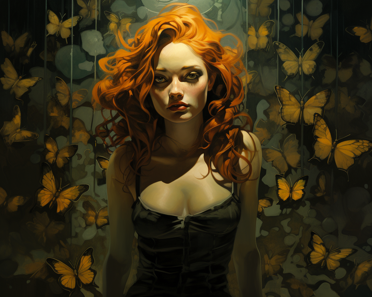 Obra de arte digital presenta a una enigmática mujer pelirroja rodeada por un enjambre de mariposas doradas, una imagen que evoca misterio y belleza natural.