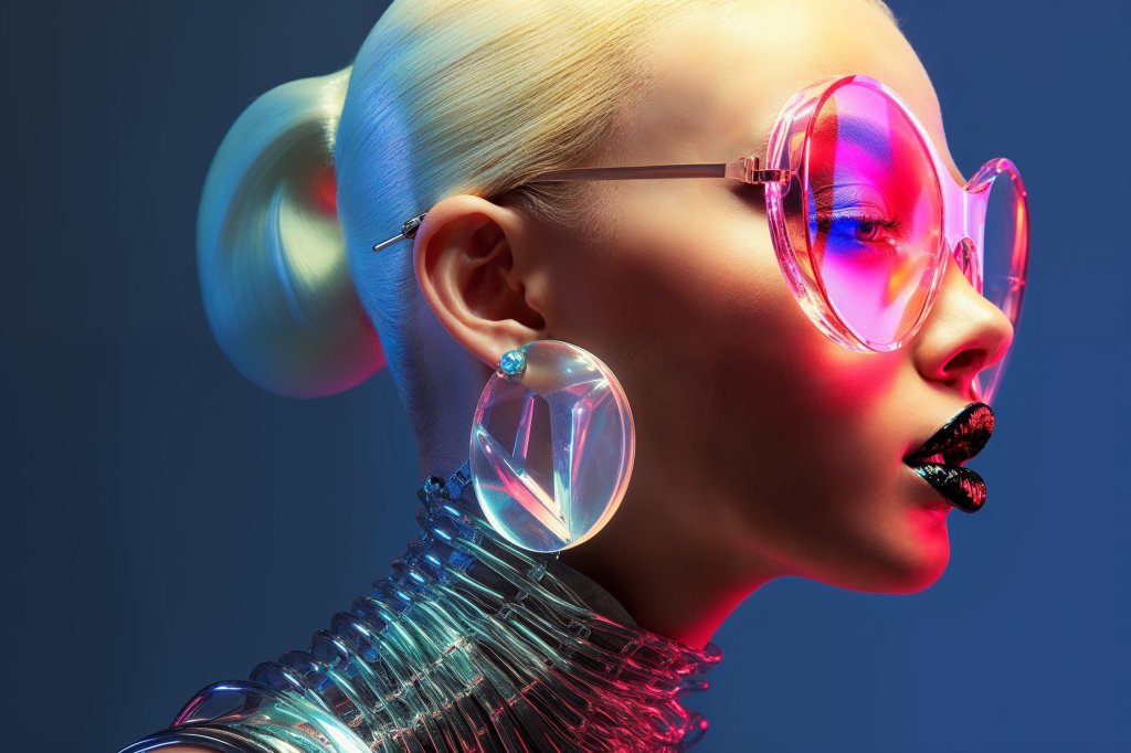 Retrato futurista que captura la esencia de la moda y el diseño contemporáneos. Esta imagen cautivante muestra a un modelo con una estética vanguardista, resaltada por accesorios iridiscentes y tonos neón vibrantes.