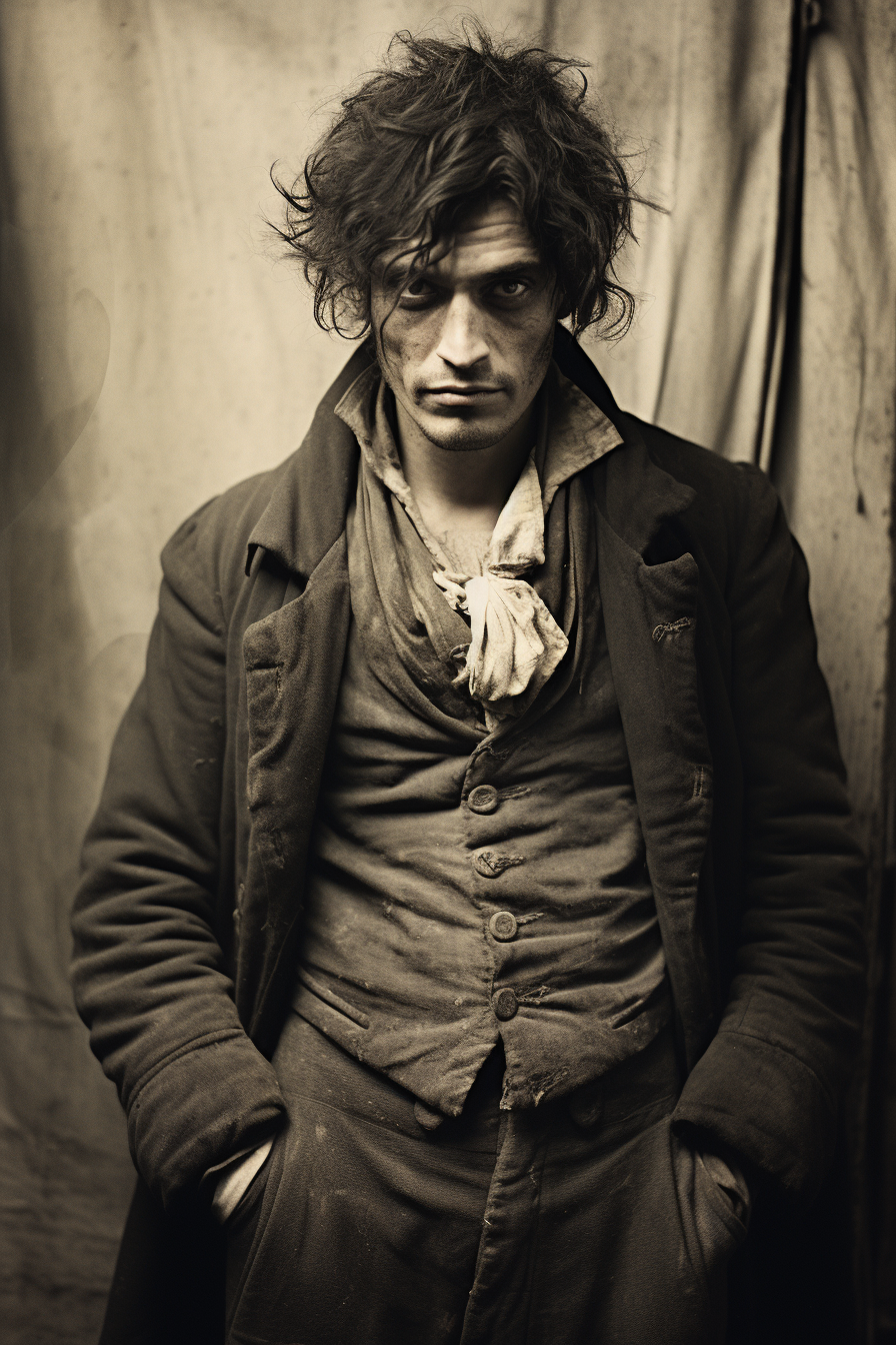 Captura intensa en sepia de un joven desaliñado, evocando la crudeza del siglo XIX. Su mirada penetrante y vestimenta deteriorada narran una historia no contada de lucha y supervivencia. Perfecta para amantes de la historia y la fotografía con alma.