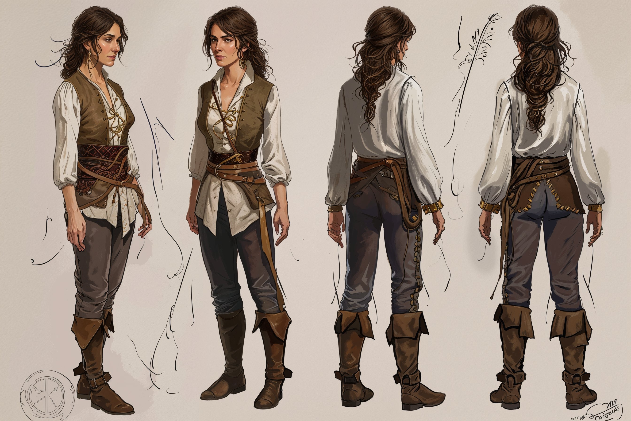 Explora esta cautivadora ilustración de una pirata femenina, destacada por su elegancia y valentía, perfecta para aventureros y amantes de la fantasía. Su atuendo detallado inspira historias de coraje y aventura.