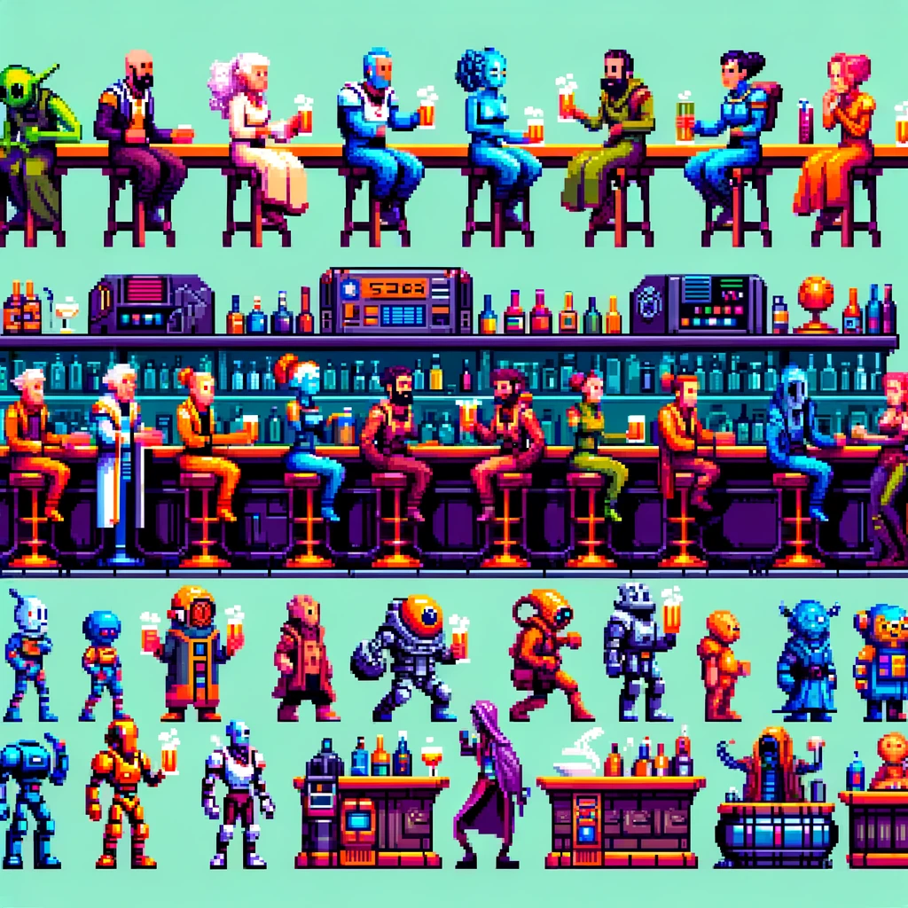 Descubre un bar intergaláctico vibrante en pixel art, donde alienígenas y humanos disfrutan de cócteles cósmicos. ¡Una visión única de la convivencia interespacial que captura la imaginación!