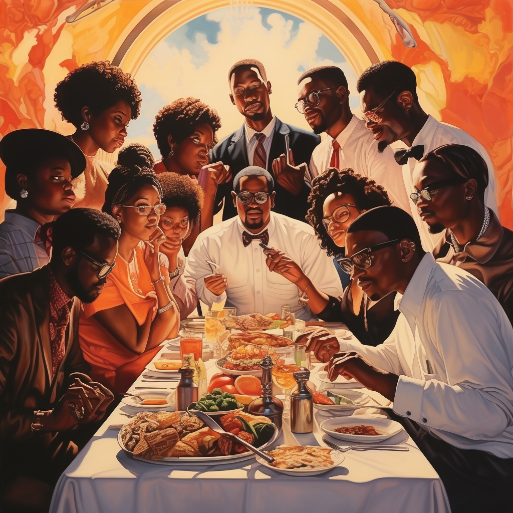 Explora la riqueza cultural y la alegría de la comunidad en esta vibrante imagen de un grupo de personas negras compartiendo un banquete. La ilustración captura la unión, la celebración y la diversidad en una escena llena de vida y sabor, ideal para destacar la importancia de la comida y las tradiciones.