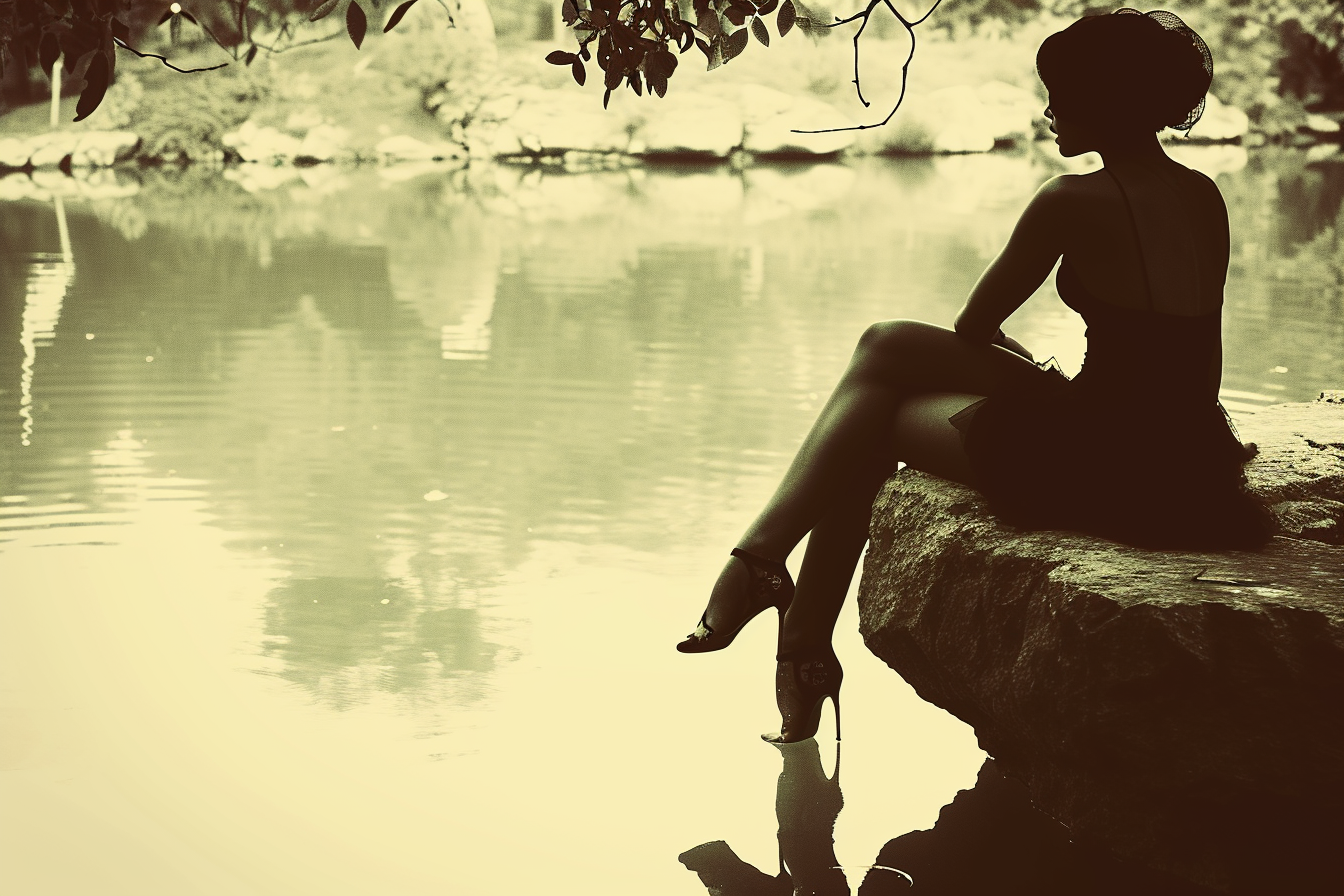 Una silueta femenina elegante se sienta en una roca junto a un lago tranquilo. La escena, en tonos sepia, destaca por su atmósfera serena y el reflejo en el agua, evocando paz y contemplación, ideal para atraer miradas en tus publicaciones de redes sociales.