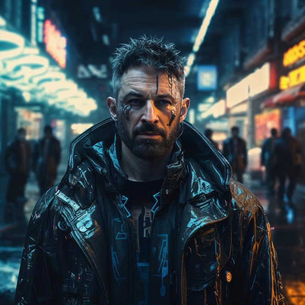Explora el corazón de la ciudad futurista con este retrato ciberpunk intenso. Descubre una visión única del estilo de vida urbano, entre luces neón y la mirada penetrante de un hombre marcado por la historia.