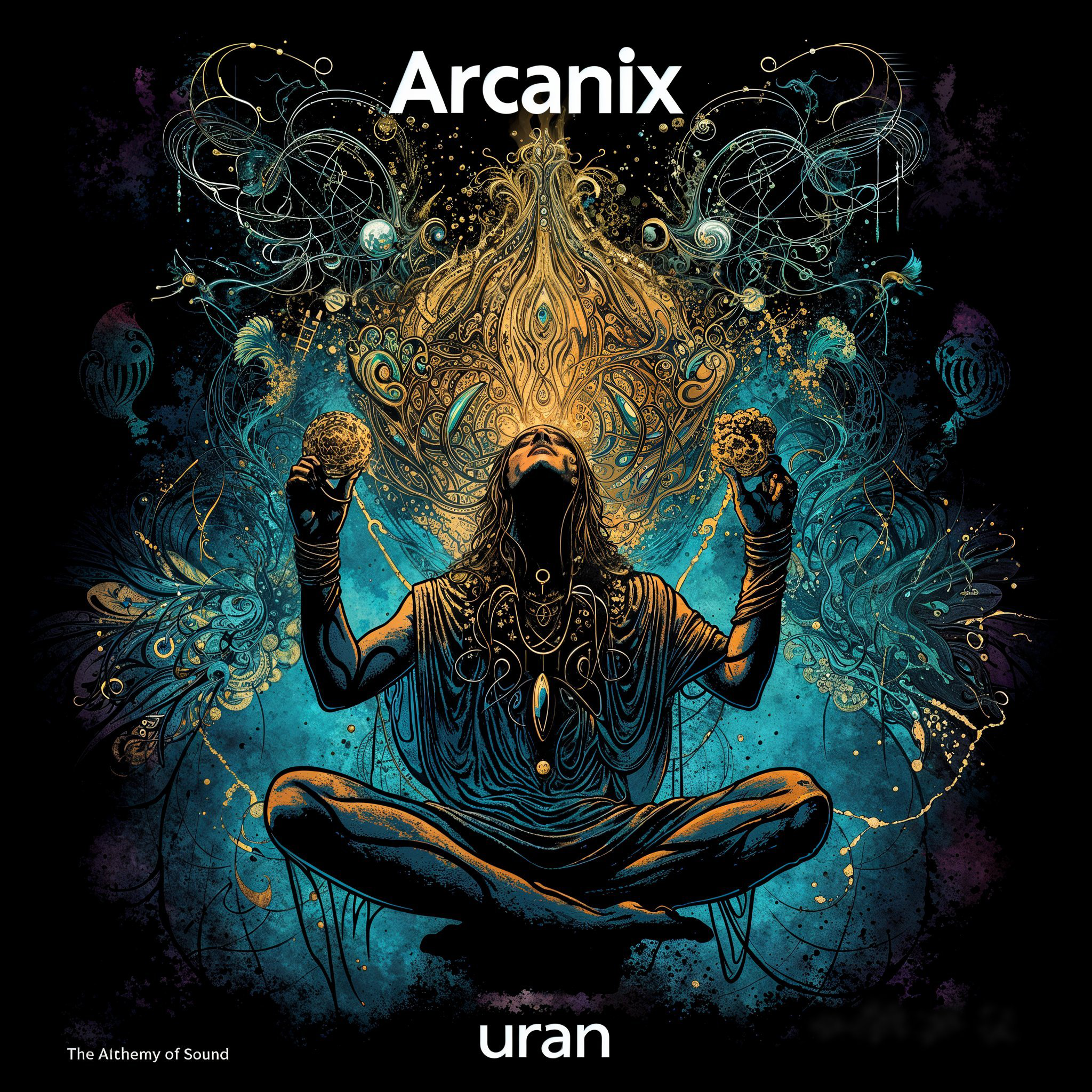 Portada captura la esencia de la música transformadora de Arcanix con una imagen hipnotizante que fusiona misticismo y música. En el centro, un personaje en estado de meditación sostiene instrumentos ancestrales, rodeado por un diseño simétrico que evoca la naturaleza cósmica y espiritual de la música.