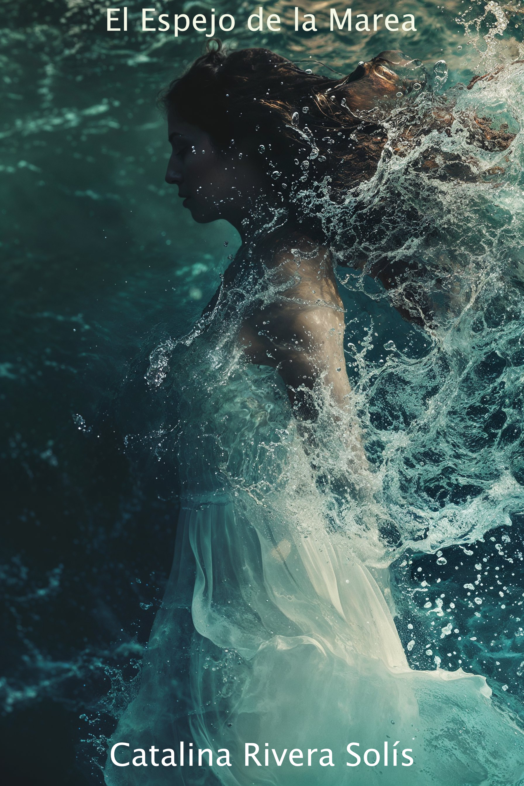 Imagen muestra una figura femenina sumergida en las aguas cristalinas, su cabello y vestido fluyendo con la corriente como si danzaran al ritmo de las olas. La serenidad de su expresión contrasta con el movimiento dinámico del agua, invitando a los espectadores a una reflexión sobre la calma y el caos.