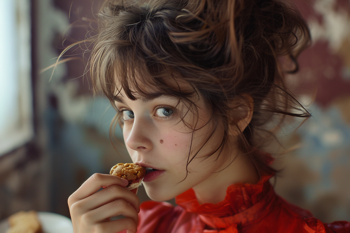 Descubre la delicadeza y el misterio en este retrato de una joven disfrutando un postre. Con su mirada cautivadora y un ambiente vintage, esta imagen transmite una atmósfera nostálgica y romántica perfecta para inspirar tu creatividad. ¡No te la pierdas!