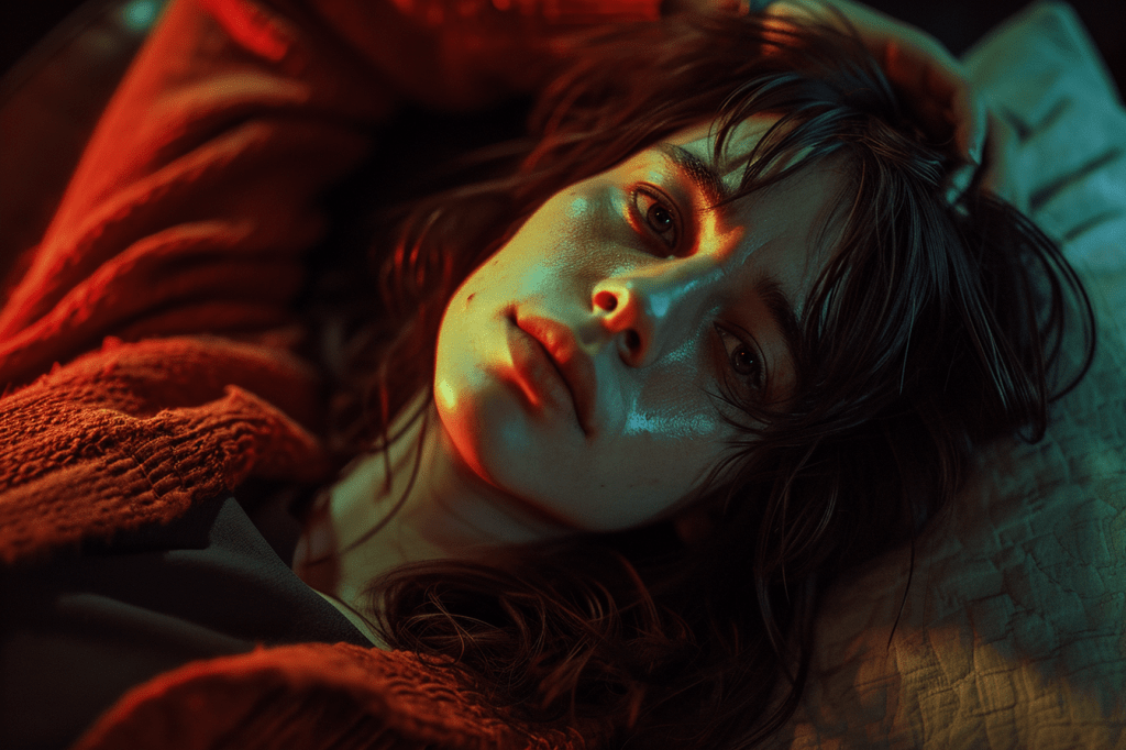 Explora el retrato intenso de una mujer joven, sumergida en luces de tonos fríos y cálidos que acentúan su mirada profunda. Esta imagen cautiva con su juego de sombras y emociones, ideal para el espectador contemporáneo.