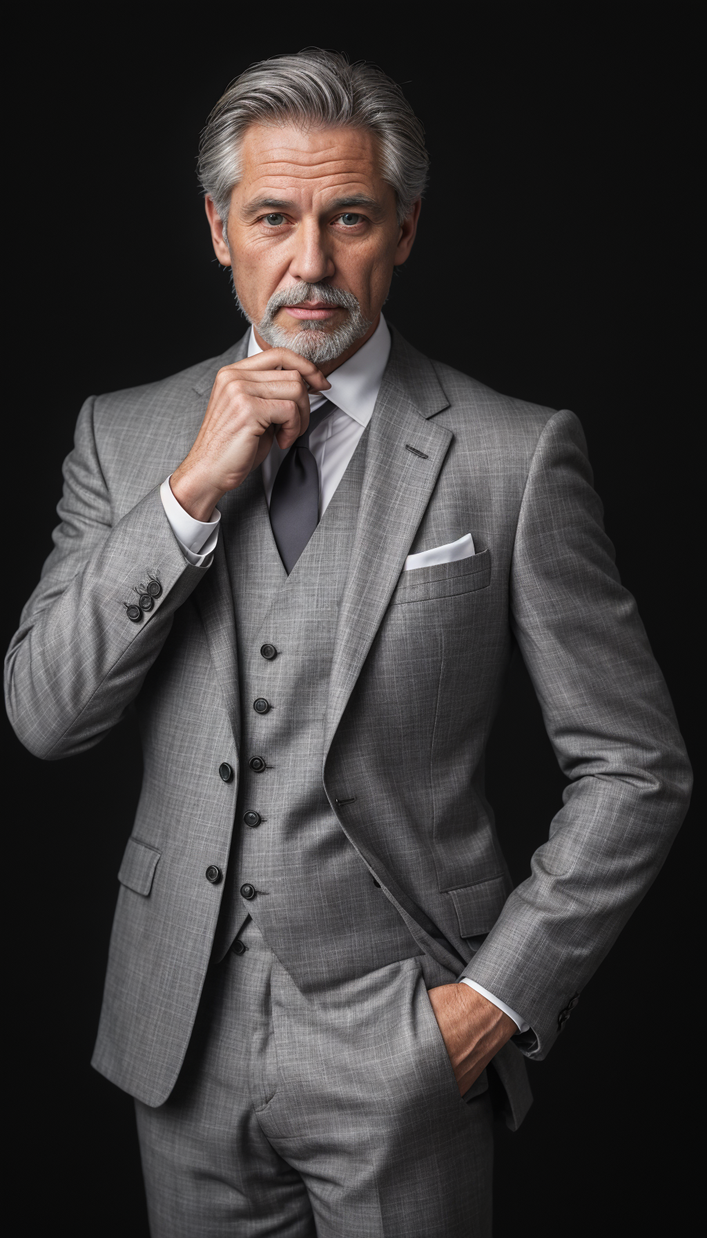 Imagen de moda masculina. Captura la esencia de la confianza y la sofisticación con un traje gris elegante y un porte seguro. La intensa mirada del modelo y su cabello plateado refinado definen un estándar de estilo impecable, ideal para profesionales que buscan inspiración para vestir con autoridad y distinción.