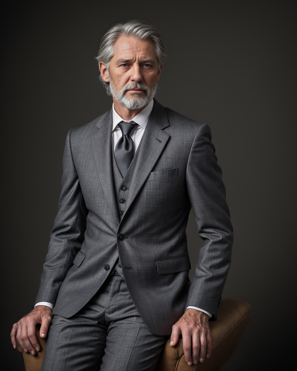 Imagen de alta calidad que captura un retrato impecable de un hombre maduro vestido con un traje gris a medida. Este visual, perfecto para artículos sobre liderazgo, moda masculina y desarrollo profesional, muestra a un ejecutivo con cabello y barba canosos, transmitiendo experiencia y confianza.