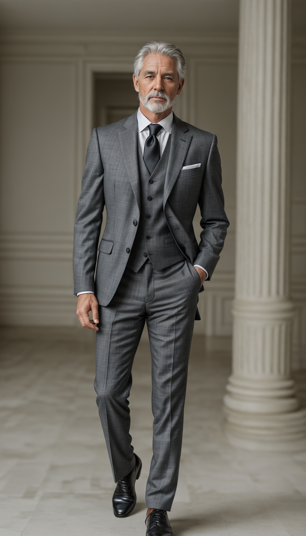 Descubre el encanto de la madurez con esta foto de un hombre distinguido en traje gris. Su mirada penetrante y cabello plateado exudan confianza y sofisticación. Perfecta para inspirar y atraer a una audiencia que valora la elegancia atemporal.