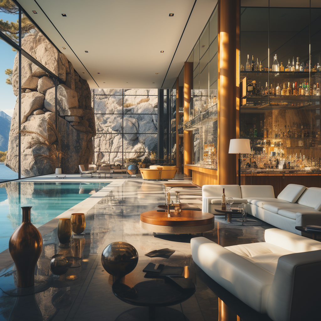 Impresionante sala de estar moderna que redefine el concepto de espacios abiertos. Con su diseño arquitectónico vanguardista, la habitación cuenta con paredes de cristal de suelo a techo que ofrecen una vista panorámica impresionante de un paisaje rocoso y tranquilo