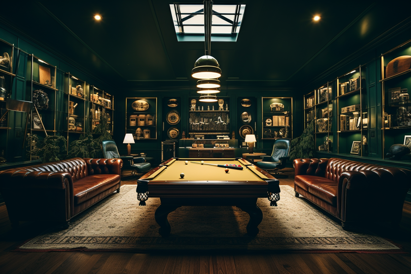 Imagen de una sala de juegos que irradia distinción y sofisticación. El espacio se presenta con una mesa de billar como pieza central, rodeada de sofás de cuero marrón oscuro que invitan a largas horas de juego y conversación.