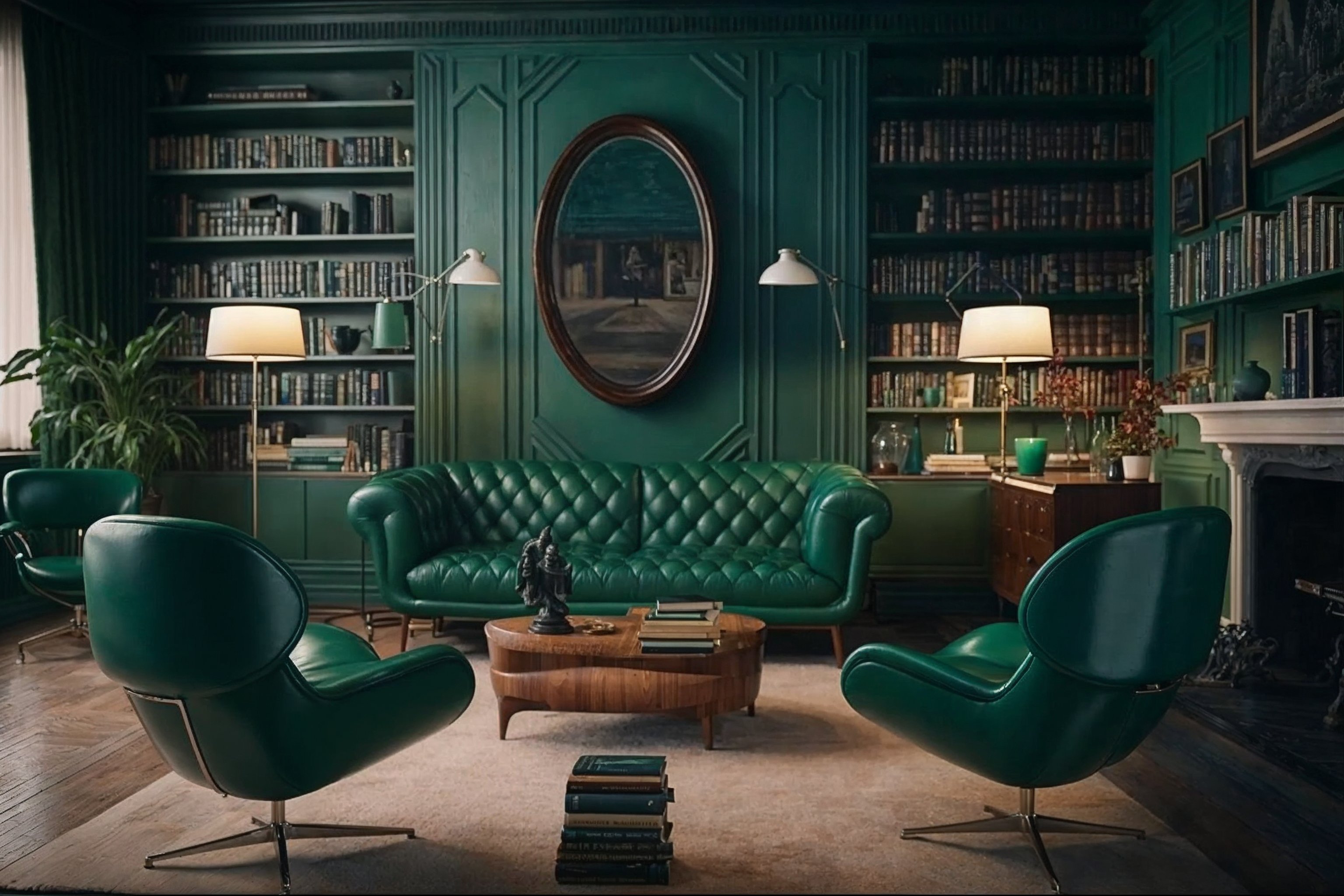 Imagen que captura la tranquilidad y la elegancia de una biblioteca clásica. Este estudio, bañado en tonos verde esmeralda, invita a la reflexión y al aprendizaje en un ambiente sereno y ordenado. El mobiliario de cuero verde, que incluye una sofá Chesterfield y sillas giratorias de diseño moderno, proporciona un contraste lujoso con las ricas molduras de madera y la repisa de la chimenea.
