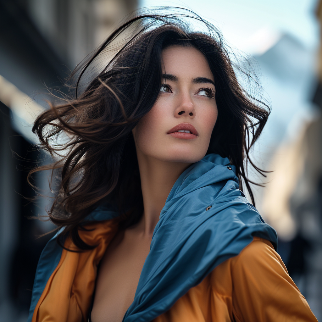 Captura envolvente de una mujer joven en contemplación, con cabello ondeante, transmitiendo elegancia urbana y una esencia reflexiva en medio de la ciudad. Perfecta para inspirar moda y estilo de vida en tu contenido.