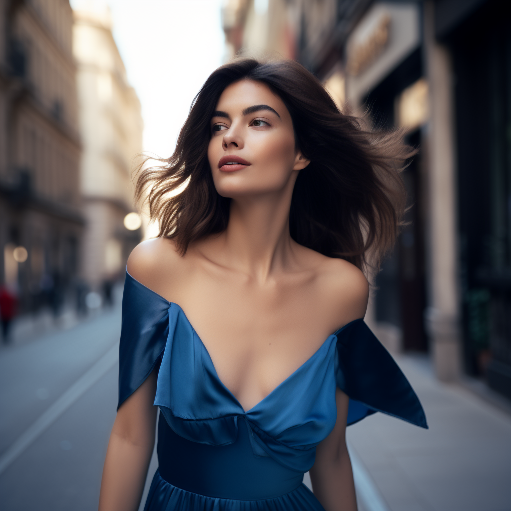 Descubre el encanto urbano y la elegancia atemporal en esta imagen de alta moda. Una modelo sofisticada pasea por las calles con un vestido azul de diseño, capturando la esencia de la moda de calle contemporánea. Perfecta para inspirarte en tu próximo look de moda urbana.