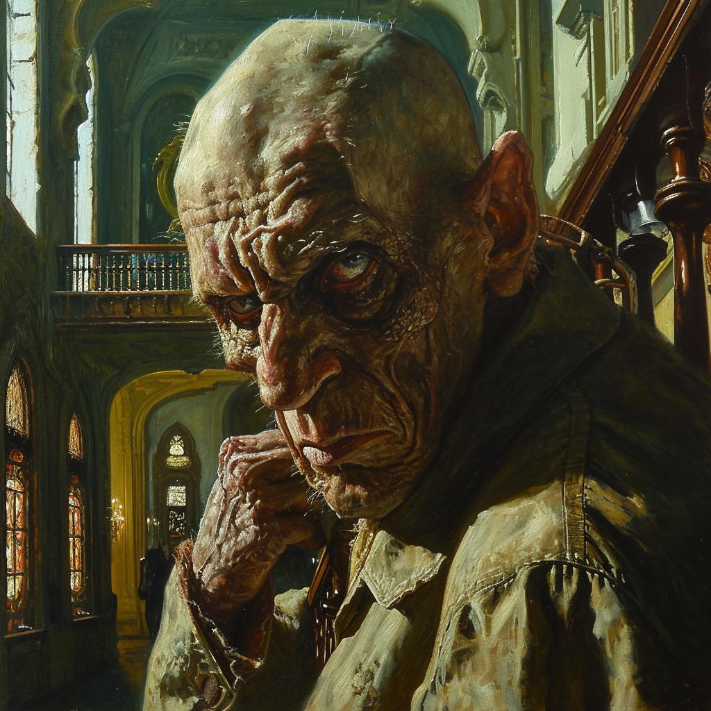 Descubre el inquietante y detallado retrato de un hombre de aspecto siniestro y oscuro en un edificio antiguo con vitrales coloridos y arquitectura gótica. Esta imagen evoca una atmósfera de misterio y tensión, perfecta para los amantes del arte oscuro y dramático.