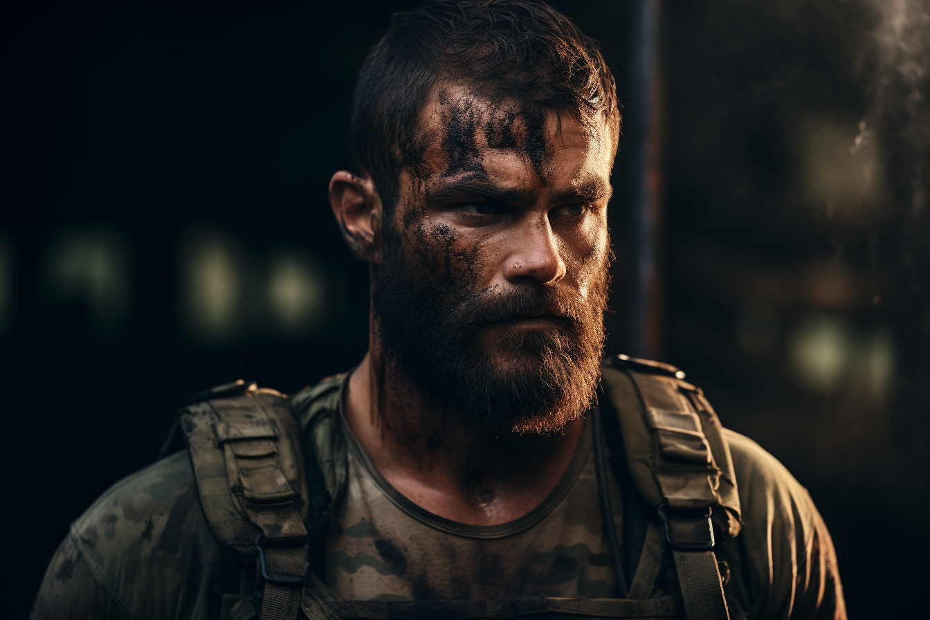Un soldado con rostro enfocado y lleno de barro, portando uniforme de combate, refleja la intensidad y la determinación en sus ojos. La iluminación dramática y el fondo oscuro resaltan su expresión seria, encapsulando la realidad y la dureza de la vida militar.