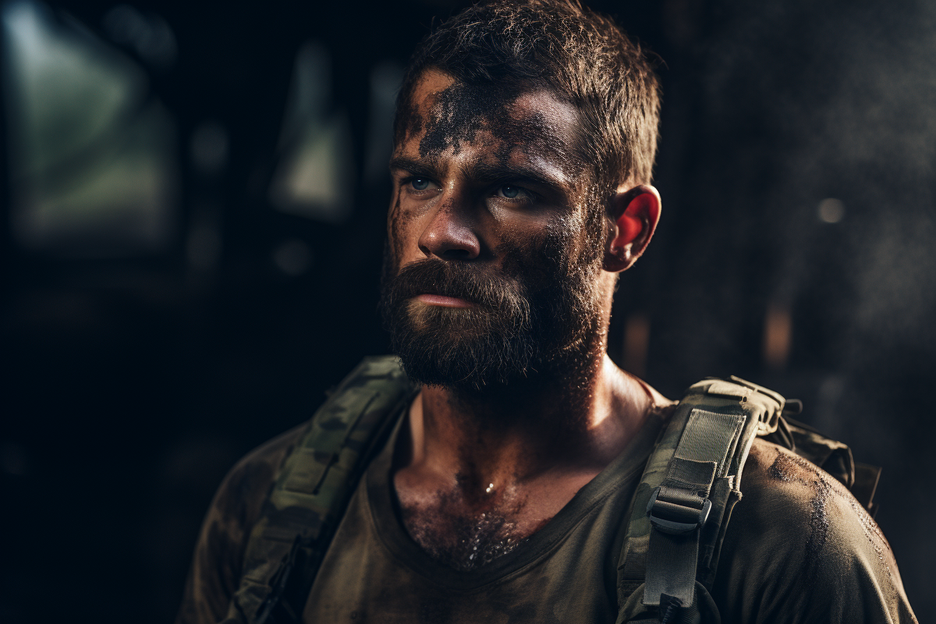 Un soldado con expresión seria y manchas de barro en el rostro, vestido con uniforme de combate, muestra determinación y concentración. La iluminación resalta su mirada intensa, capturando la esencia de un guerrero en medio de su misión.