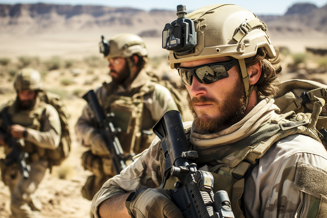 Tres soldados en uniforme táctico y armados patrullando un desierto árido. La imagen muestra la determinación y preparación de los soldados en una misión bajo el sol abrasador, reflejando su enfoque y entrenamiento militar.