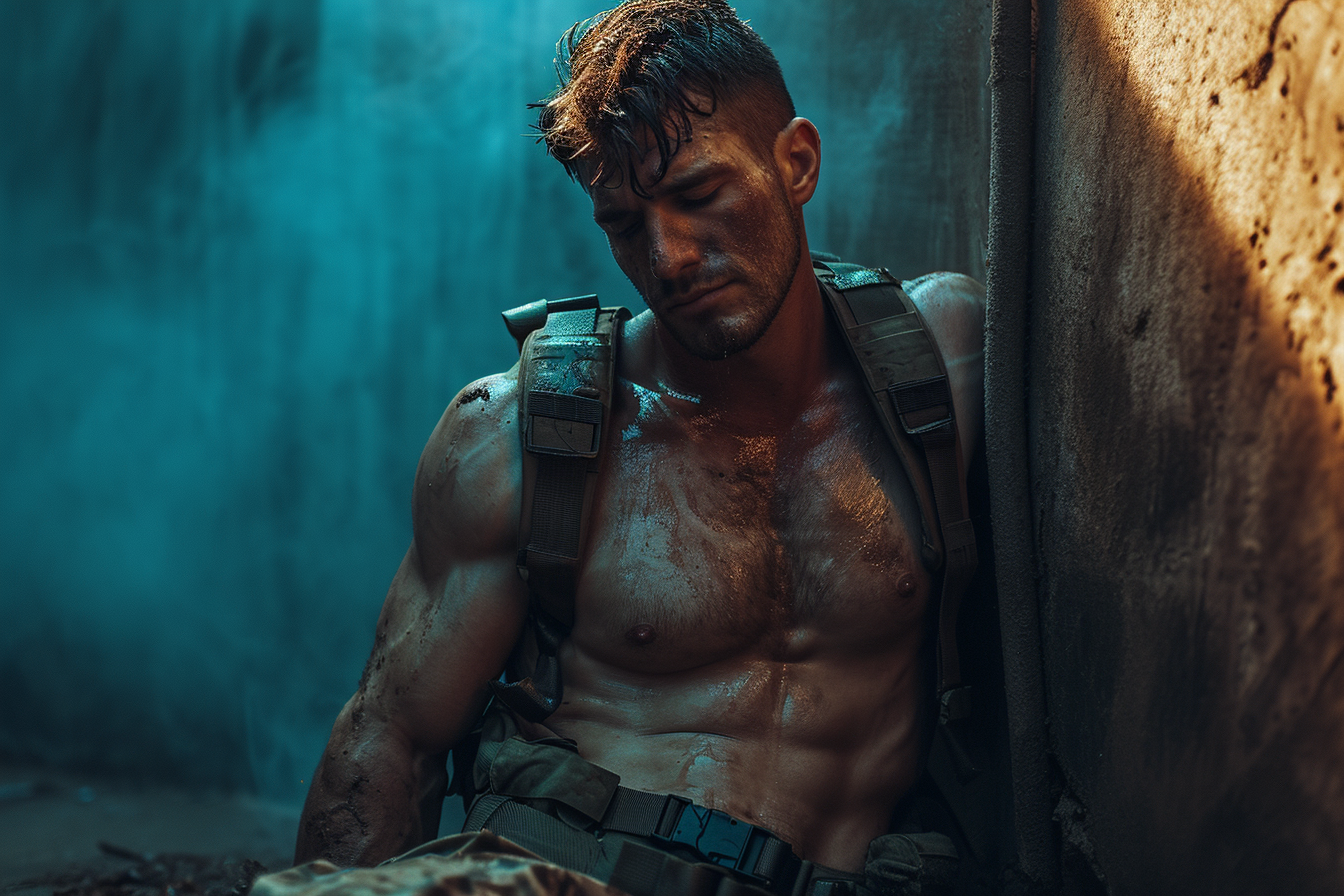 Un soldado exhausto y sin camisa descansando contra una pared, con la mirada hacia abajo y el cuerpo cubierto de sudor y suciedad. La imagen muestra la intensidad del combate y la resistencia física, destacando la fortaleza y la vulnerabilidad del guerrero.