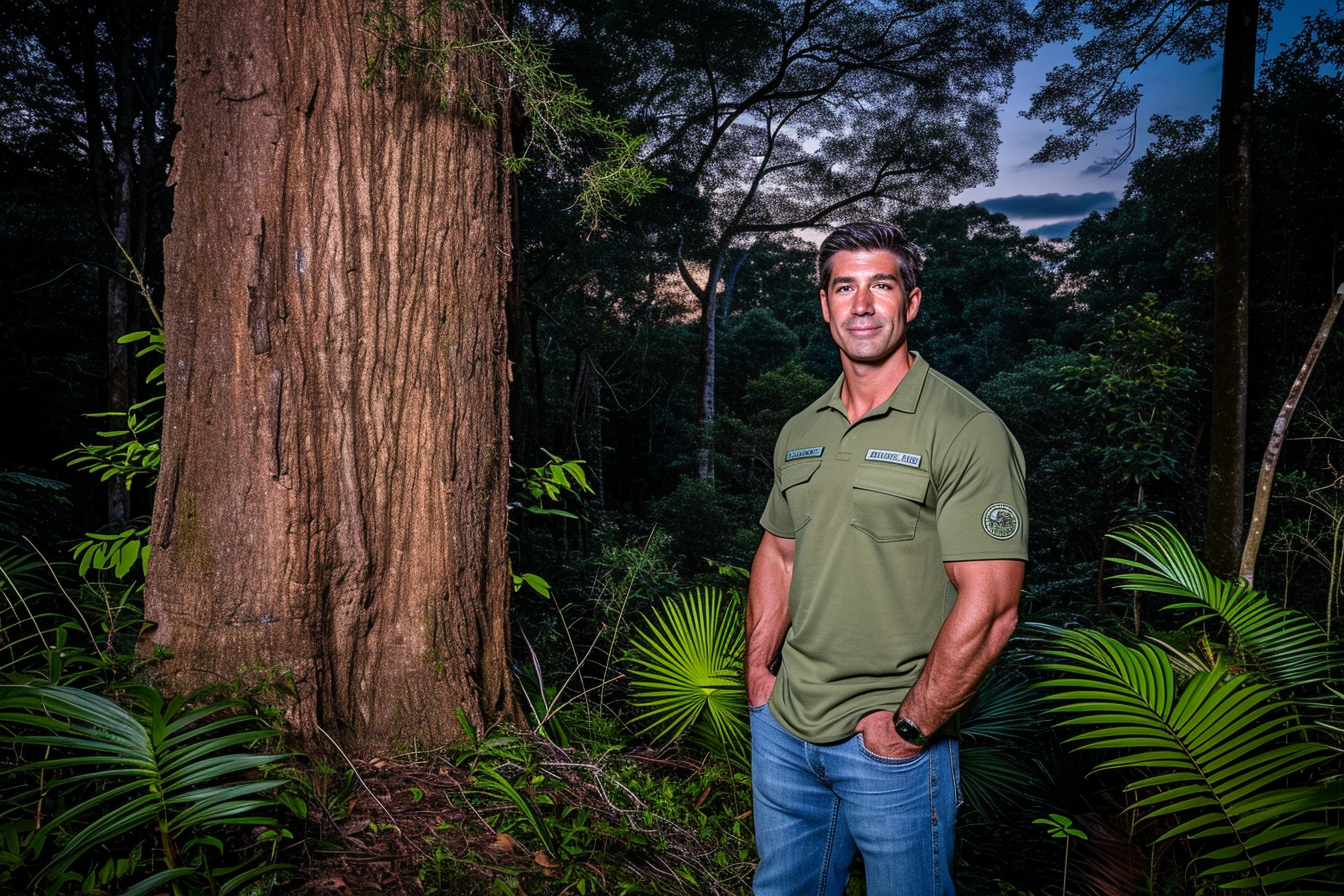 Un hombre de pie junto a un majestuoso árbol en un denso bosque, destacando su compromiso con la conservación de la naturaleza. Esta imagen inspira tranquilidad y respeto por el medio ambiente, subrayando la importancia de proteger nuestros recursos naturales y la biodiversidad.