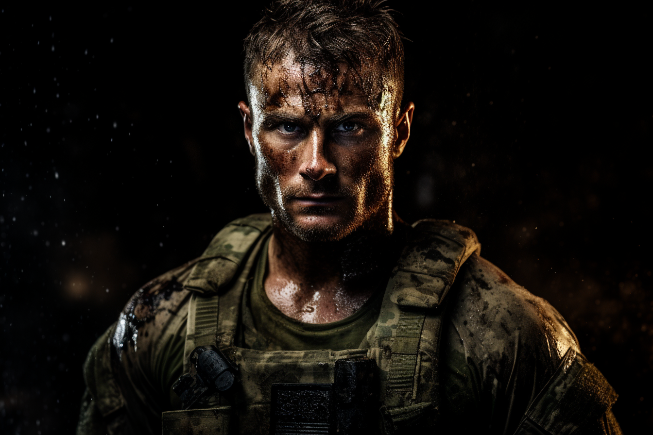 Un soldado con mirada feroz y decidido, cubierto de sudor y barro, en medio de un ambiente oscuro y tenso. Esta imagen transmite la intensidad y el desafío de la guerra, destacando la fortaleza y la determinación de quienes enfrentan situaciones extremas en el campo de batalla.