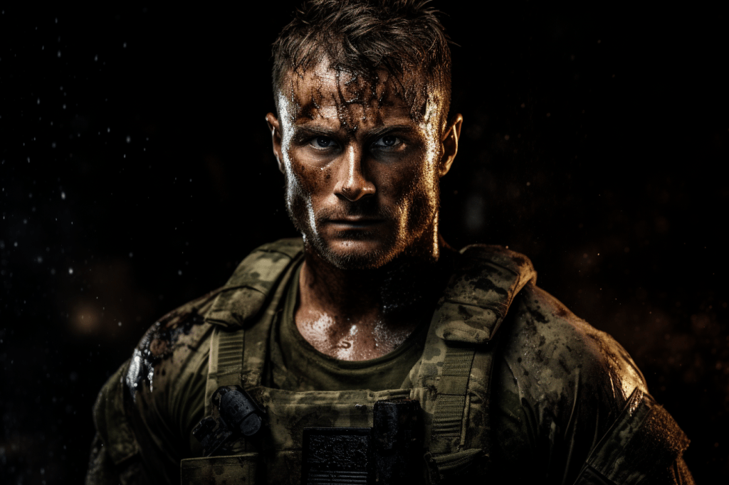 Un soldado con mirada feroz y decidido, cubierto de sudor y barro, en medio de un ambiente oscuro y tenso. Esta imagen transmite la intensidad y el desafío de la guerra, destacando la fortaleza y la determinación de quienes enfrentan situaciones extremas en el campo de batalla.