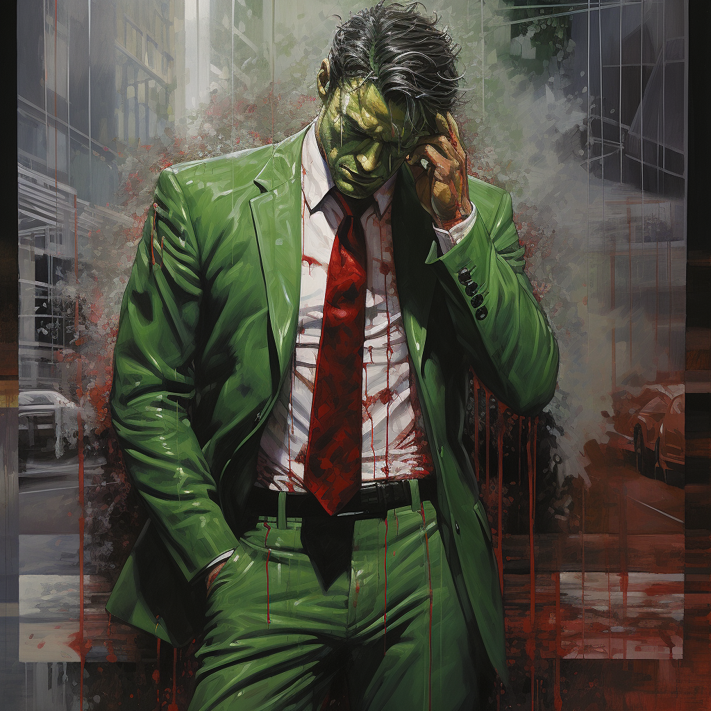 En esta poderosa ilustración, un superhéroe con un traje verde y corbata roja, manchado de sangre, muestra una expresión sombría mientras camina por una ciudad. La imagen captura la dualidad de su fuerza y vulnerabilidad en un entorno urbano y oscuro.