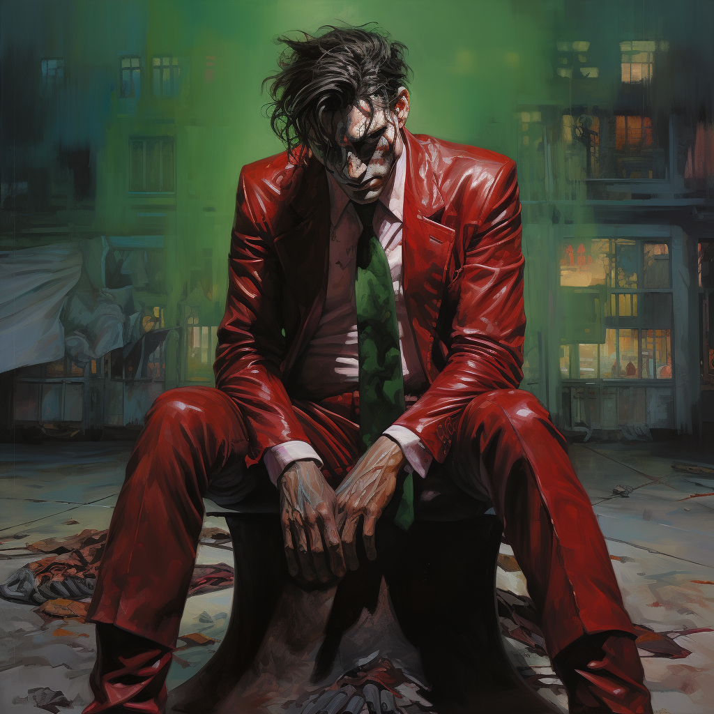 En esta ilustración impactante, un superhéroe con un traje rojo y una corbata verde se muestra exhausto y abatido, sentado en una calle de la ciudad. La imagen captura la crudeza y la humanidad de un héroe en un entorno urbano oscuro y lleno de desafíos.