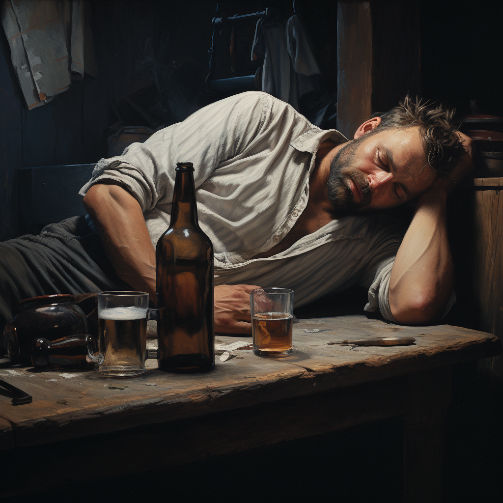 Descubre la impactante imagen de un hombre dormido sobre una mesa, rodeado de botellas y vasos de alcohol. Esta escena captura la esencia de la fatiga y el exceso, perfecta para artículos sobre los efectos del alcohol y el cansancio extremo.