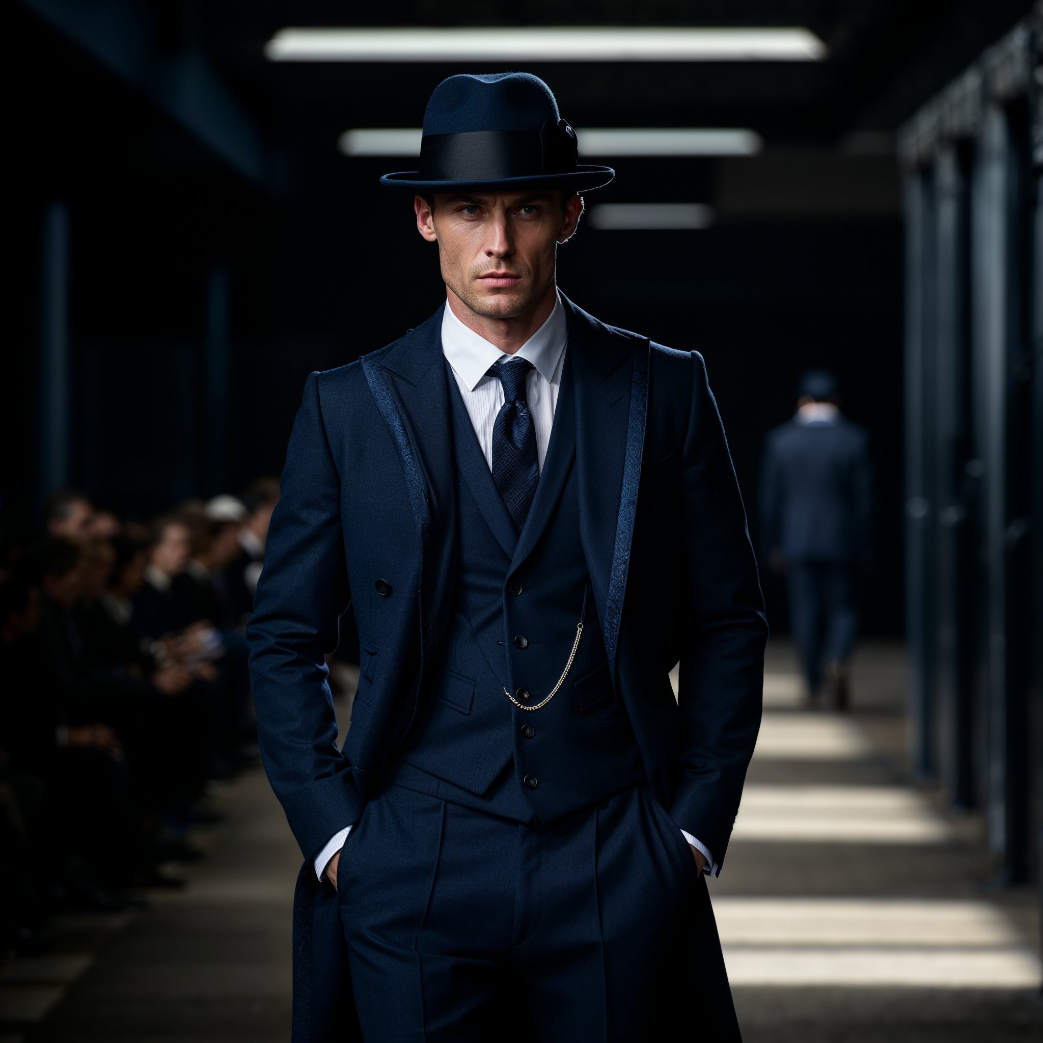 Imagen que captura la esencia del estilo y la sofisticación. Un hombre vestido impecablemente con un traje a medida, camisa blanca y corbata de rayas finas, se presenta con una confianza arrolladora.