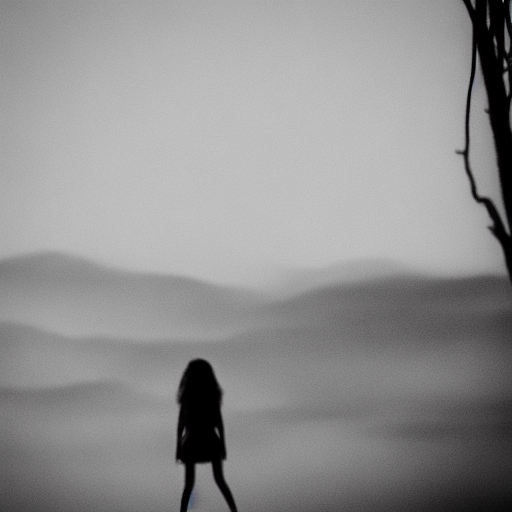 La imagen muestra la silueta de una figura femenina solitaria en medio de un paisaje cubierto de niebla. La composición crea una atmósfera de misterio y aislamiento, con un fondo que sugiere colinas o montañas suaves que se desvanecen en la niebla. Esta imagen es ideal para evocar emociones de soledad o contemplación.