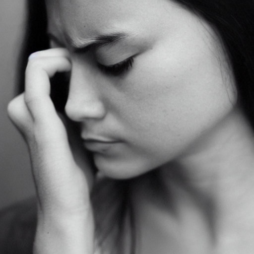 Este retrato en blanco y negro captura a una joven con una expresión de profunda tristeza o introspección. La cercanía y la delicadeza en la postura de su mano, junto con la suave iluminación, acentúan la sensación emocional que transmite la imagen, creando un poderoso impacto visual.