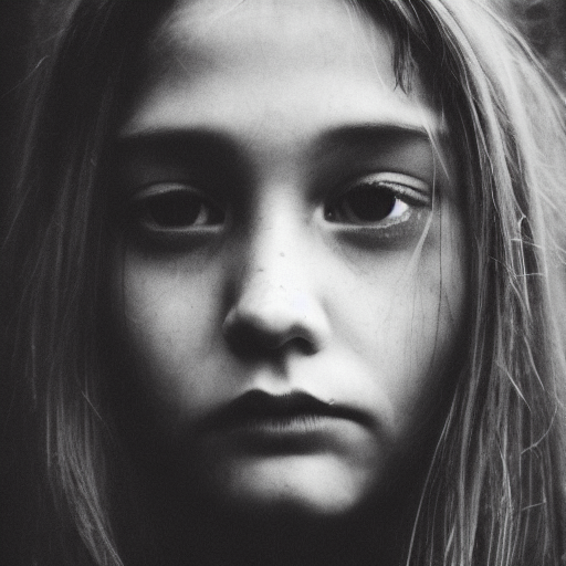Retrato en blanco y negro de una joven con expresión neutra y ojos profundos que reflejan inocencia y misterio. La imagen captura la intensidad de la mirada, creando una conexión directa con el espectador y transmitiendo una sensación de profundidad emocional.