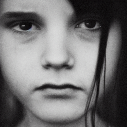 Este retrato en blanco y negro muestra a una joven con una expresión seria y una mirada intensa. Los ojos oscuros y la luz suave resaltan la melancolía en su rostro, evocando emociones profundas y una conexión directa con el espectador.