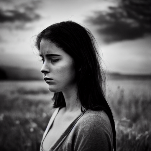 Retrato en blanco y negro de una joven con expresión melancólica en un paisaje natural. La escena transmite un profundo sentimiento de soledad y reflexión, destacando la belleza serena de la naturaleza y la emotividad de la modelo en un ambiente campestre.