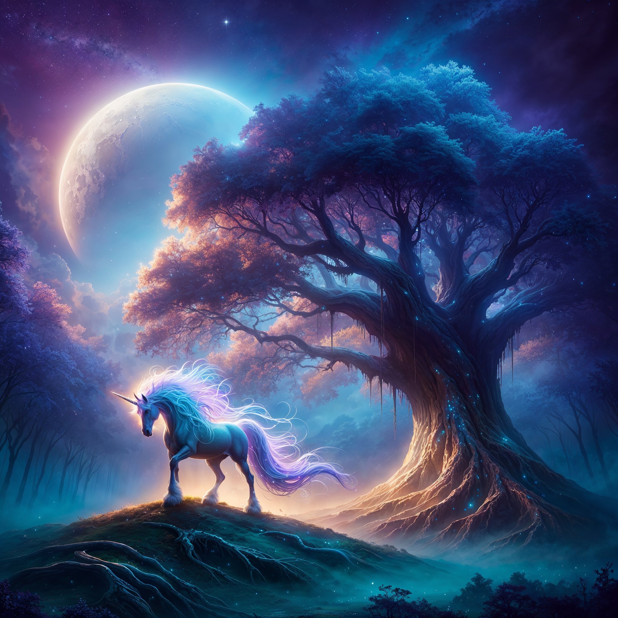 Fondo de pantalla de "Unicornio de fantasía". Esta impresionante imagen nos transporta a un reino etéreo donde un majestuoso unicornio con crines de colores neón se erige como guardián de los secretos ancestrales.